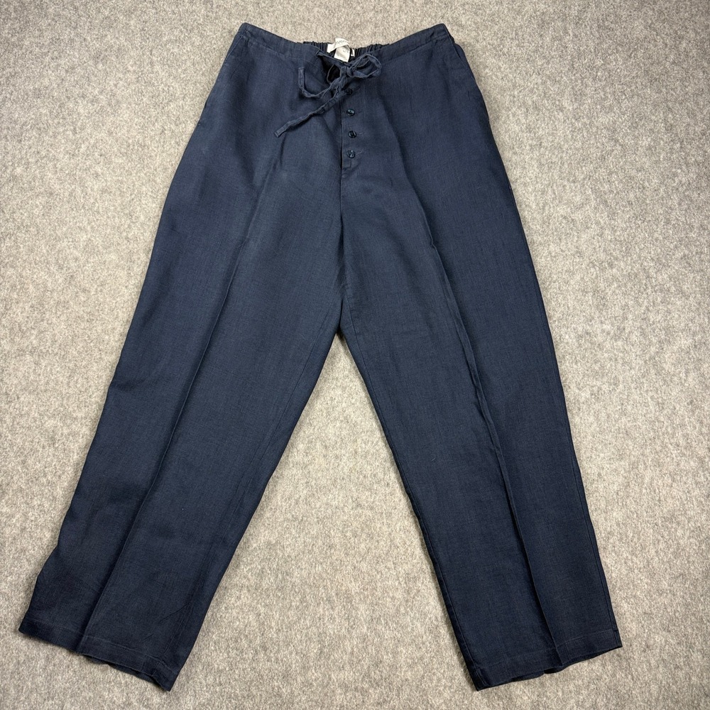 Vintage Avenue Womens Navy Blue Linen Blend Wide Leg Size 14 Pants Button Fly
